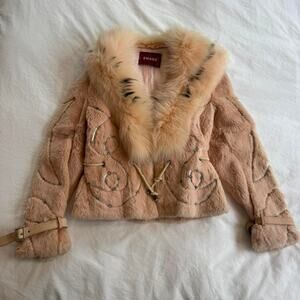 Pink real rabbit fur jacket with fox fur collar and beaded details